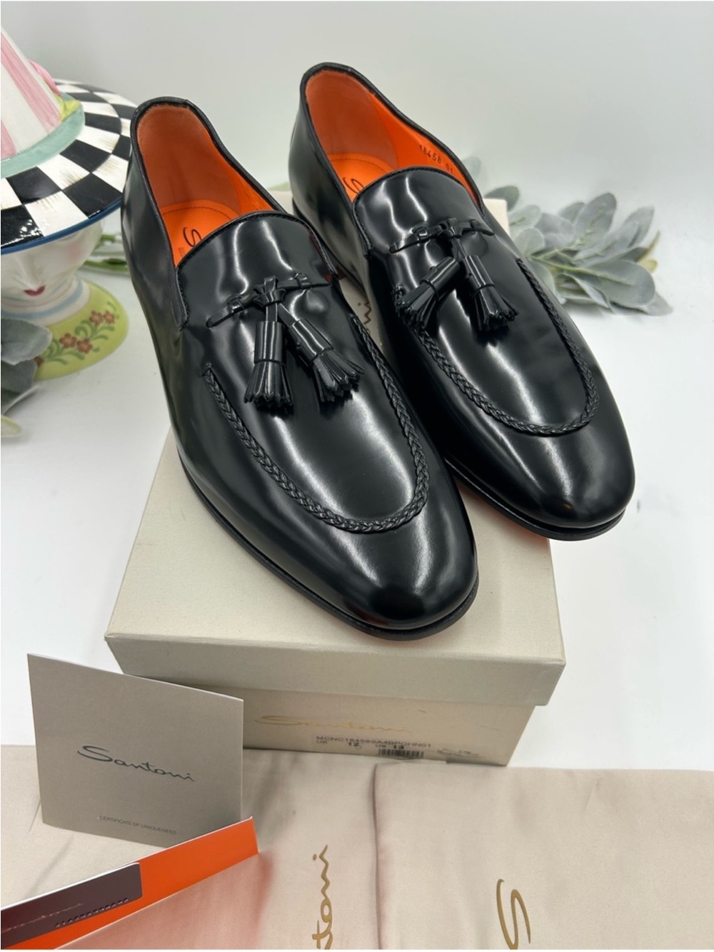 Santoni Men's Black Leather Tassel Loafers size 13